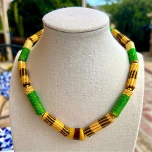 Handmade African Green & Gold Woven Kente Necklace